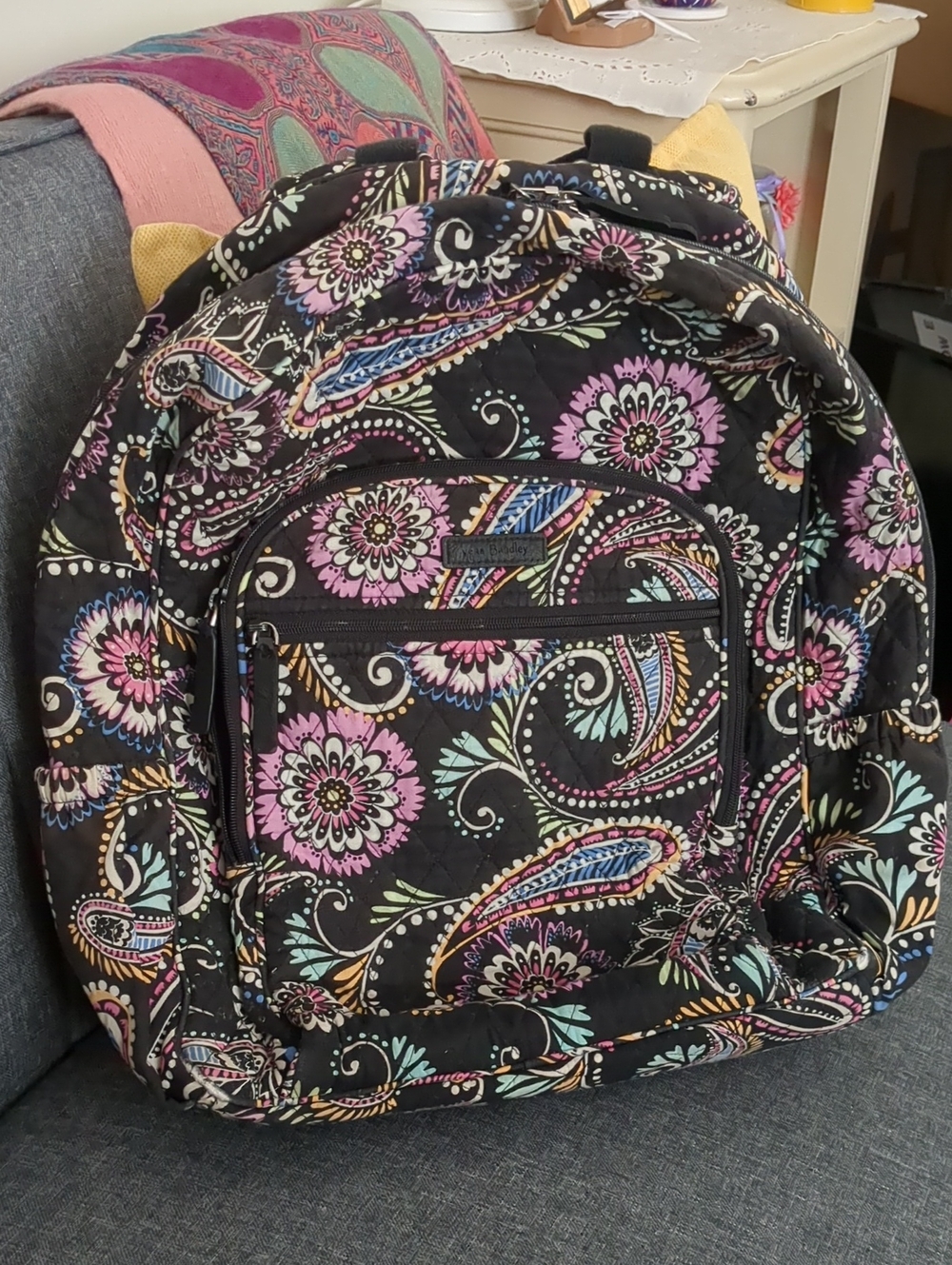 Vera Bradley Quilted Floral Paisley Backpack - Black with Pink & Mint Accents